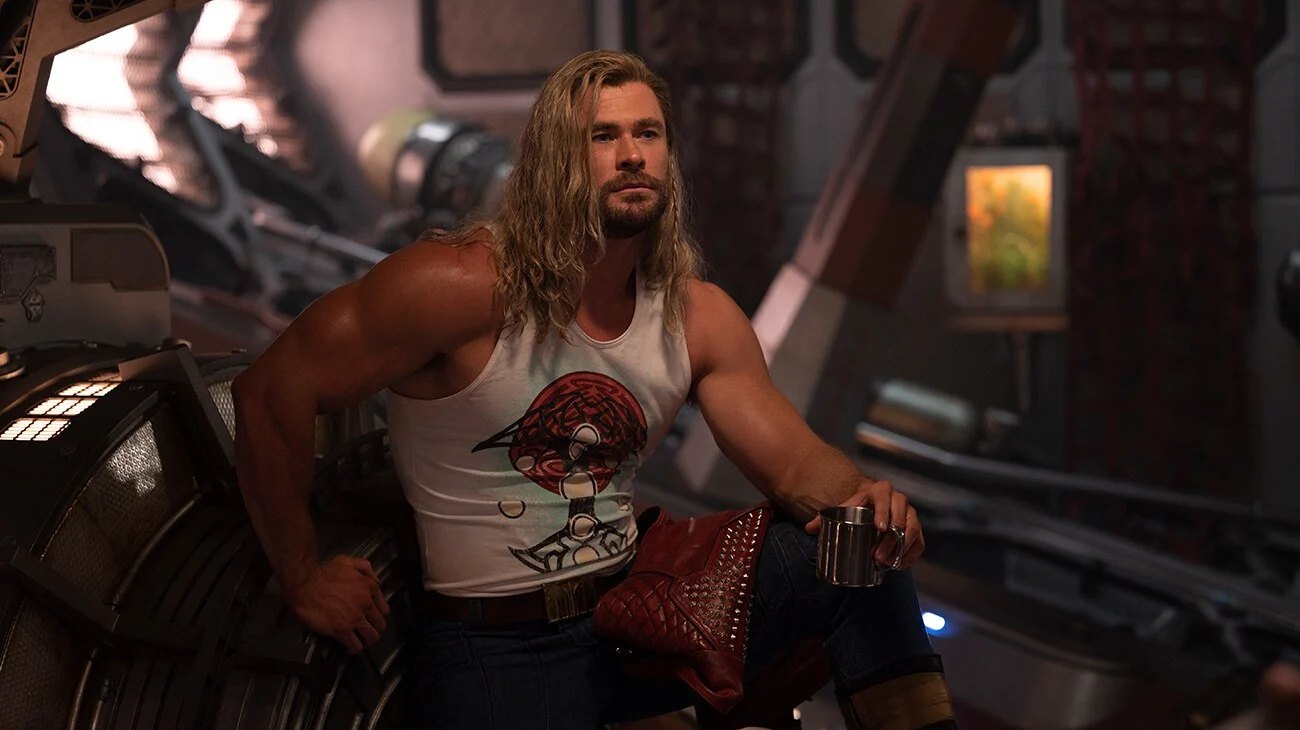 Official Disney film still — Thor aboard the craft for Thor: Love and Thunder