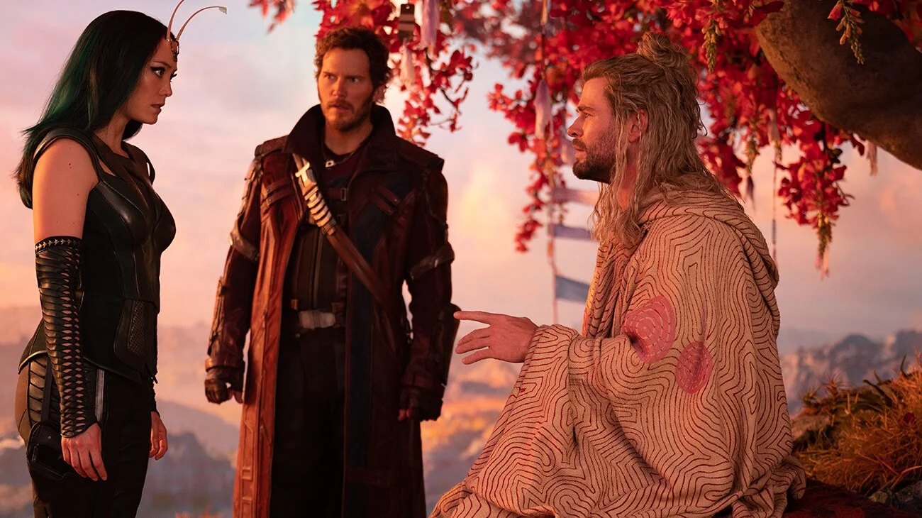 Official Disney film still — Valkyrie, Star-Lord, and Thor for Thor: Love and Thunder